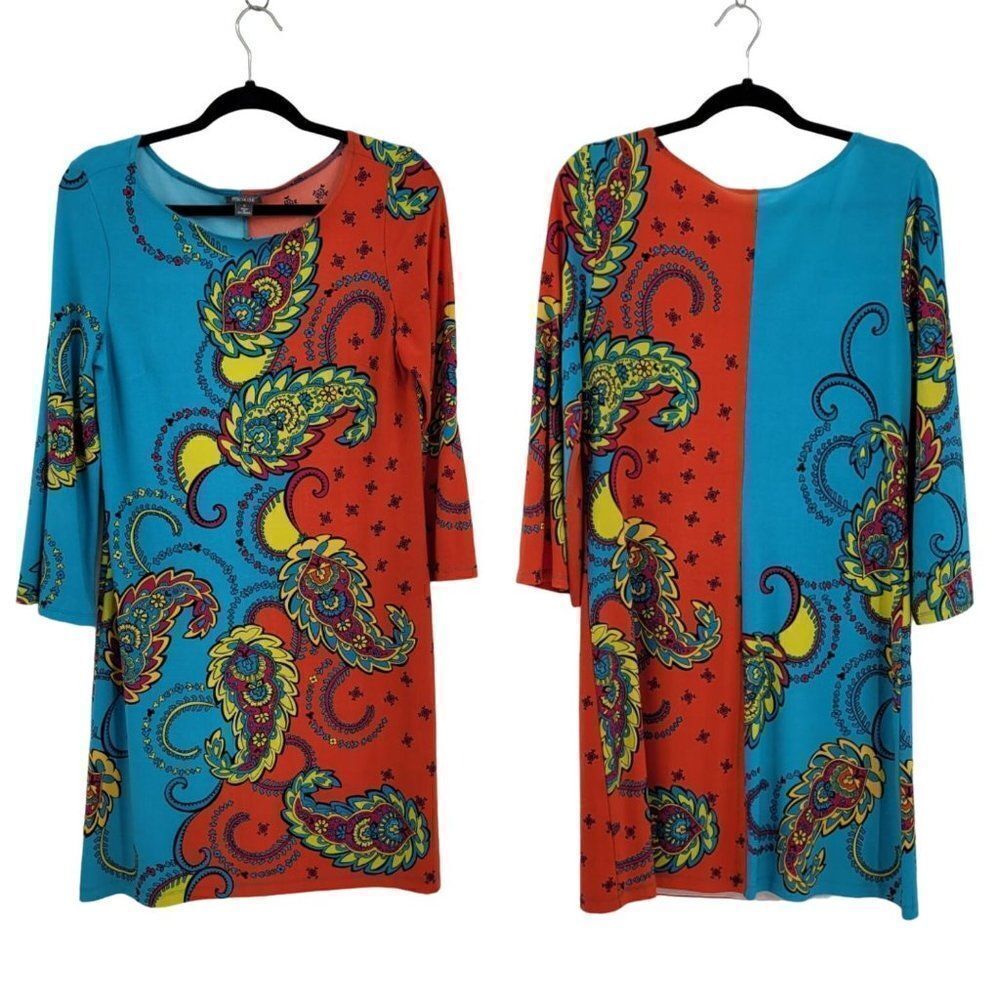 Muse Retro 60's Dress S‎ Multicolor Color Blocked Paisley Bell Sleeve Swing GoGo